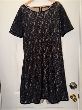 Edge Black Lace Midi Dress with Nude Underlay. Sz 20W
